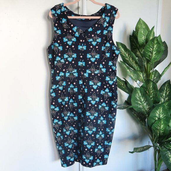 Boden Martha Navy & Blue Floral Sleeveless Roll Collar Sheath Pencil Dress 14 - Picture 7 of 11